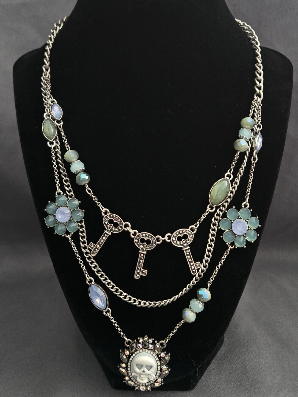 Betsey Johnson Skull Key Charm Multi Strand Statement Necklace
